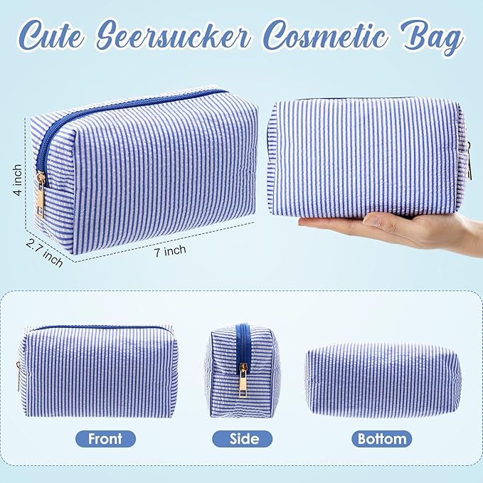 Sanwuta 12 Pcs Seersucker Cosmetic Bags Bulk Seersucker Makeup Bags Stripe Women Pouch Large Preppy Storage Pouch Toiletry Travel for Wedding Bridesmaid Bride Favor Back to Teacher Gift (Blue)
