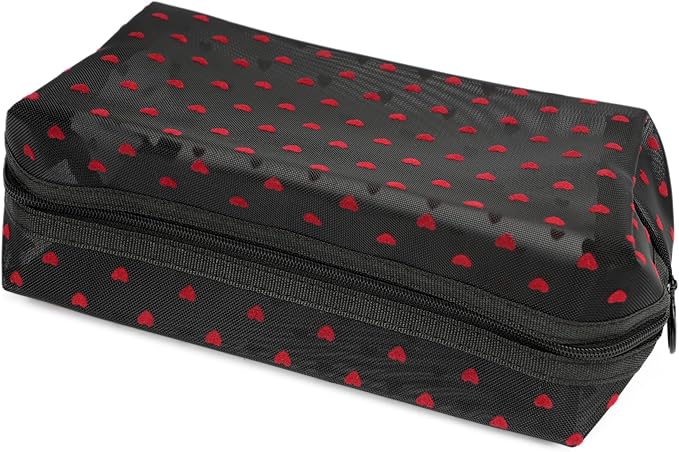 TOPASION Portable Mesh Makeup Bag with Zipper Small Travel Toiletry Bag Lightweight Cosmetic Pouch (Black Square Red Heart)