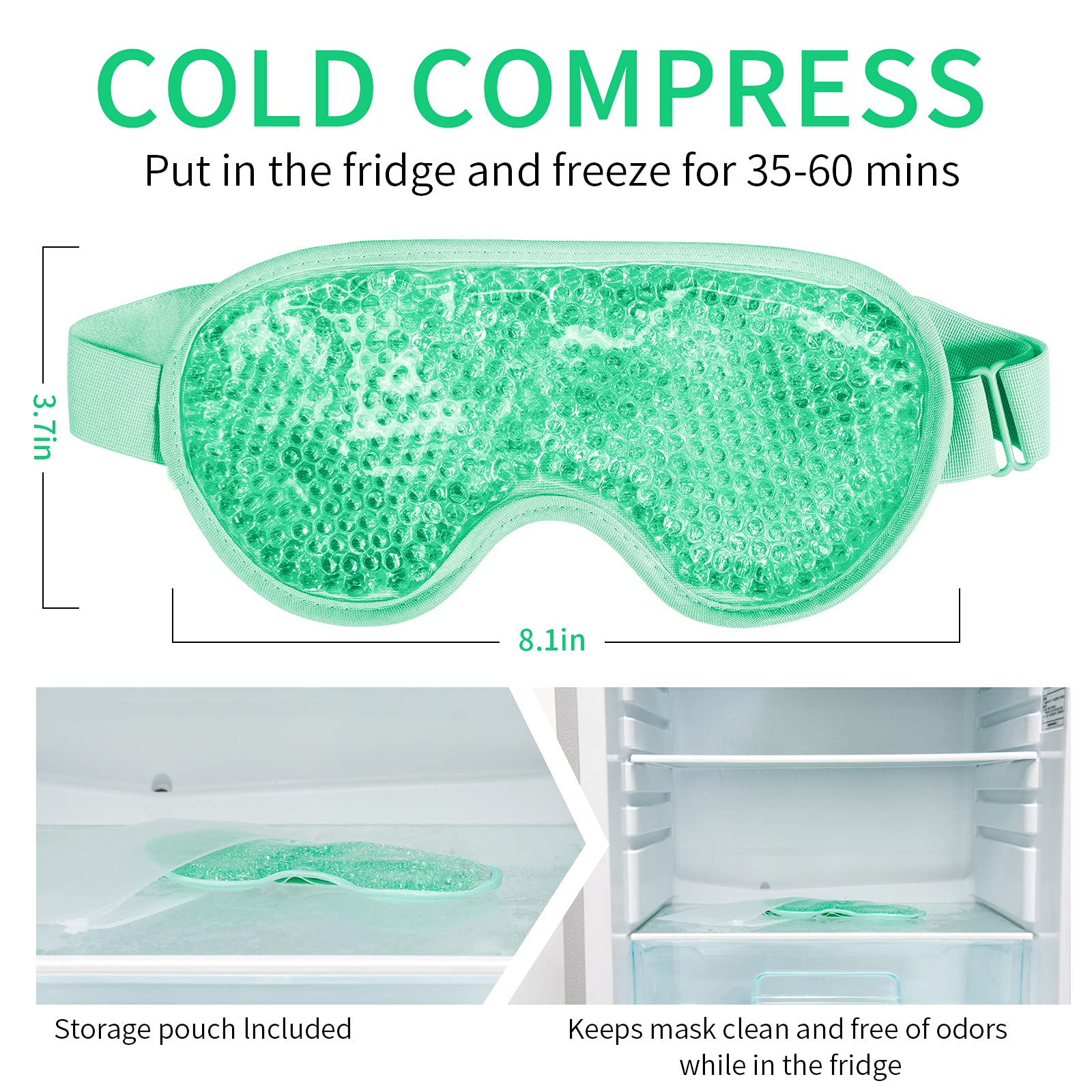 Cooling Eye Mask with Gel Beads, Reusable Cold Eye Mask for Puffy Eyes, Dark Circles, Sleep, Relaxation, Soft Cooling Eye Pads for Men Women (Green)
