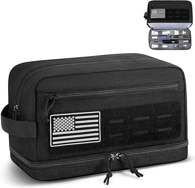 Tactical Toiletry Bag for Men, Travel Hygiene Bag with Double-layer, Large Capacity Hanging Toiletry Bags Water-Resistant Shaving Dopp Kit with EDC Molle Pouches, Bathroom Shower Makeup Bag, Black