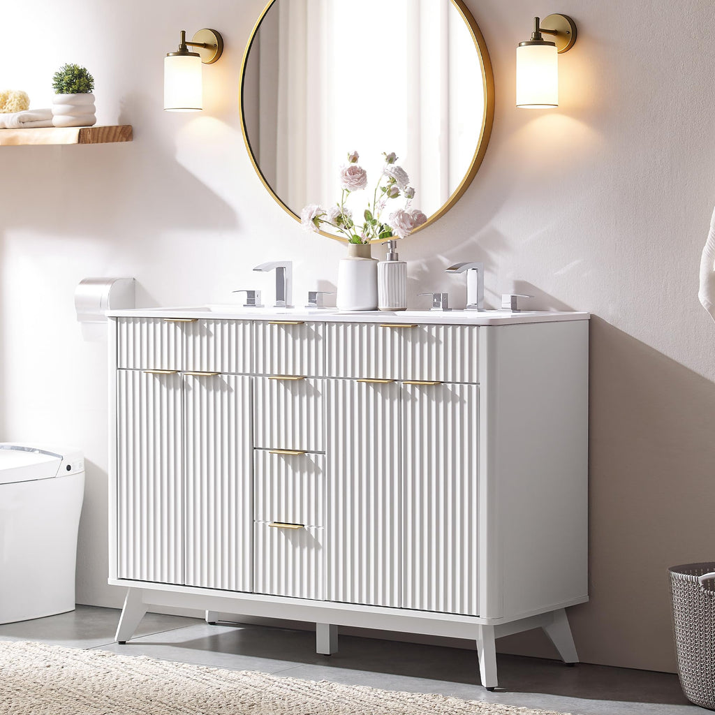 T4TREAM 48" Fluted Bathroom Vanity with Resin Sink Combo, White