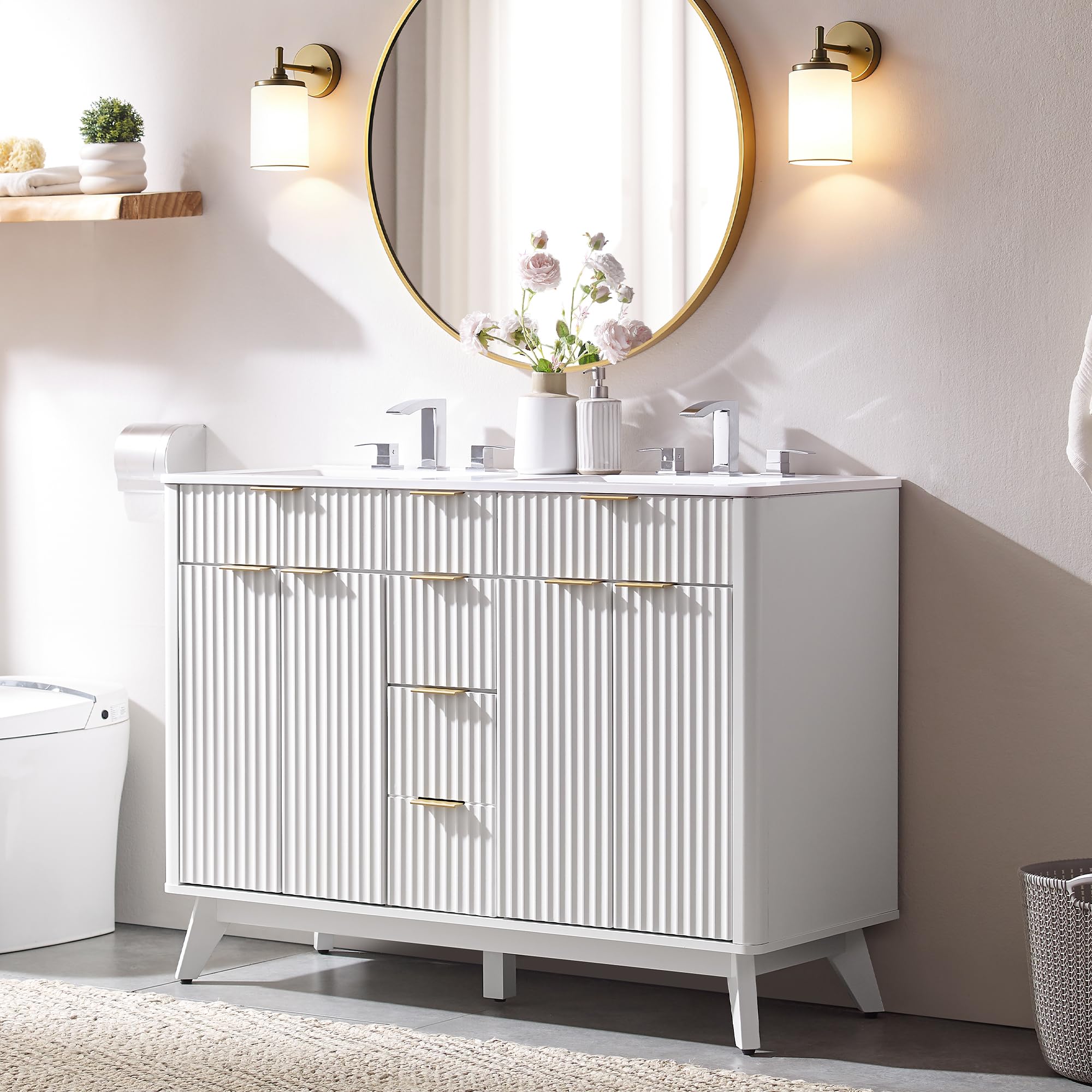 T4TREAM 48" Fluted Bathroom Vanity with Resin Sink Combo, White