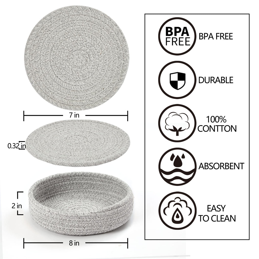 Coga Trivets for Hot Dishes, 5 Pack 7 Inch Cotton Hot Pads for Kitchen with Storage Basket, Round Pot Holders for Kitchen, Heat Resistant Mats for Countertop, Pots and Pans, Farmhouse Decor, Grey