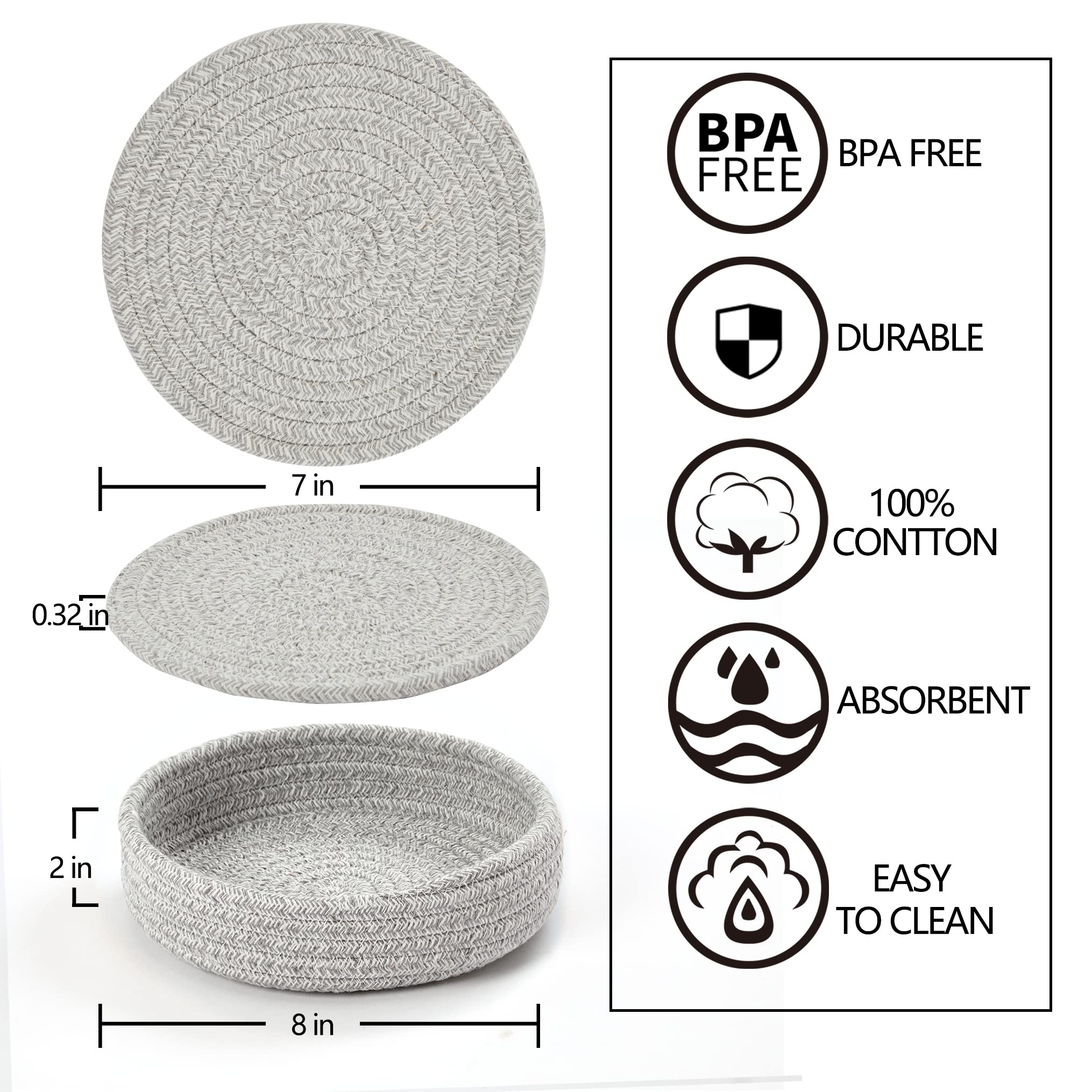 Coga Trivets for Hot Dishes, 5 Pack 7 Inch Cotton Hot Pads for Kitchen with Storage Basket, Round Pot Holders for Kitchen, Heat Resistant Mats for Countertop, Pots and Pans, Farmhouse Decor, Grey