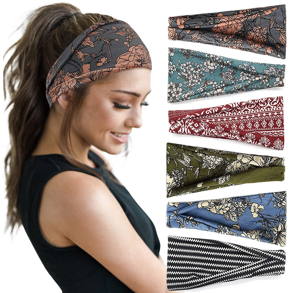Huachi Boho Headbands for Women Wide Head Bands, Yoga Workout Hair Bands for Women's Hair Non Slip, Summer Womens Headbands Hair Accessories 6 Pack