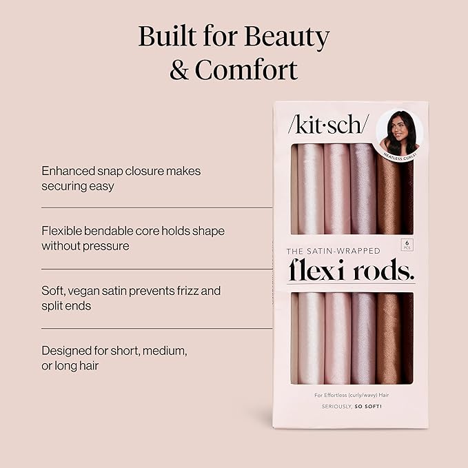 Kitsch Satin Flexi Rods, Heatless Curling Rods - No Heat Curls Overnight, Comfortable Hair Curlers to Sleep In for Frizz-Free and No Heat Damage Styling - 6pcs, Rosewood
