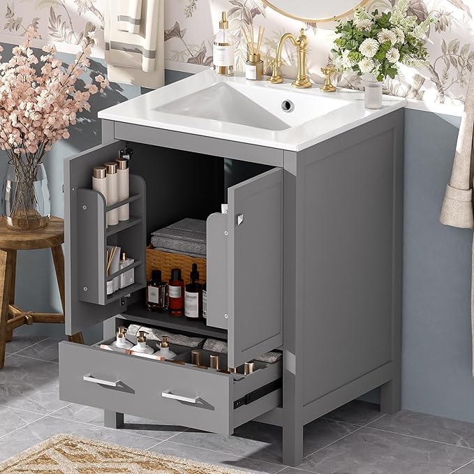 Bellemave 24" Bathroom Vanity with Sink Combo Set, Solid Wood Frame Bathroom Storage Cabinet with a Drawer, 2 Soft Closing Cabinet Doors with Organizer, Grey