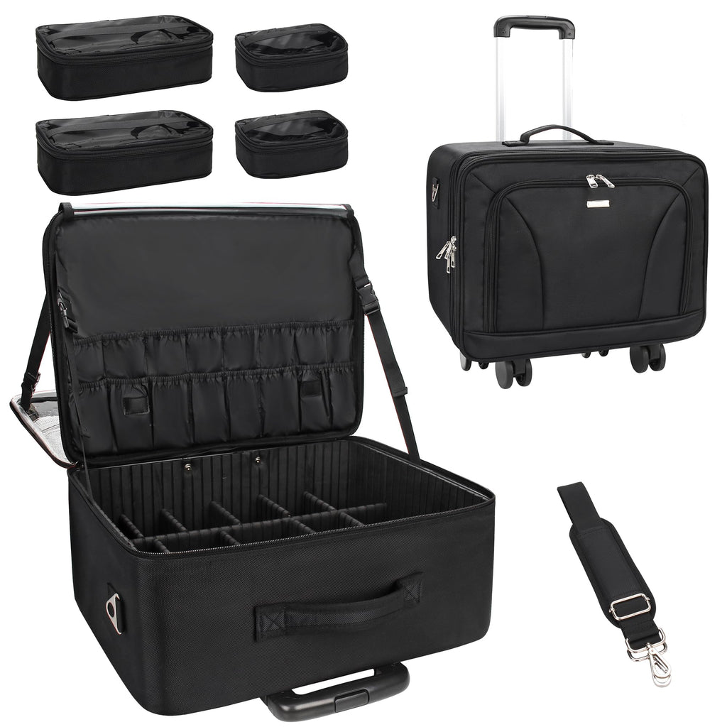 MONSTINA Rolling Makeup Train Case, Cosmetology Case on Wheels Makeup Artist Bag Professional Cosmetics Beauty Hairdresser Bag Hairstylist Cosmetic Bag with 4 Bags Extra Large Makeup Bag with Wheels