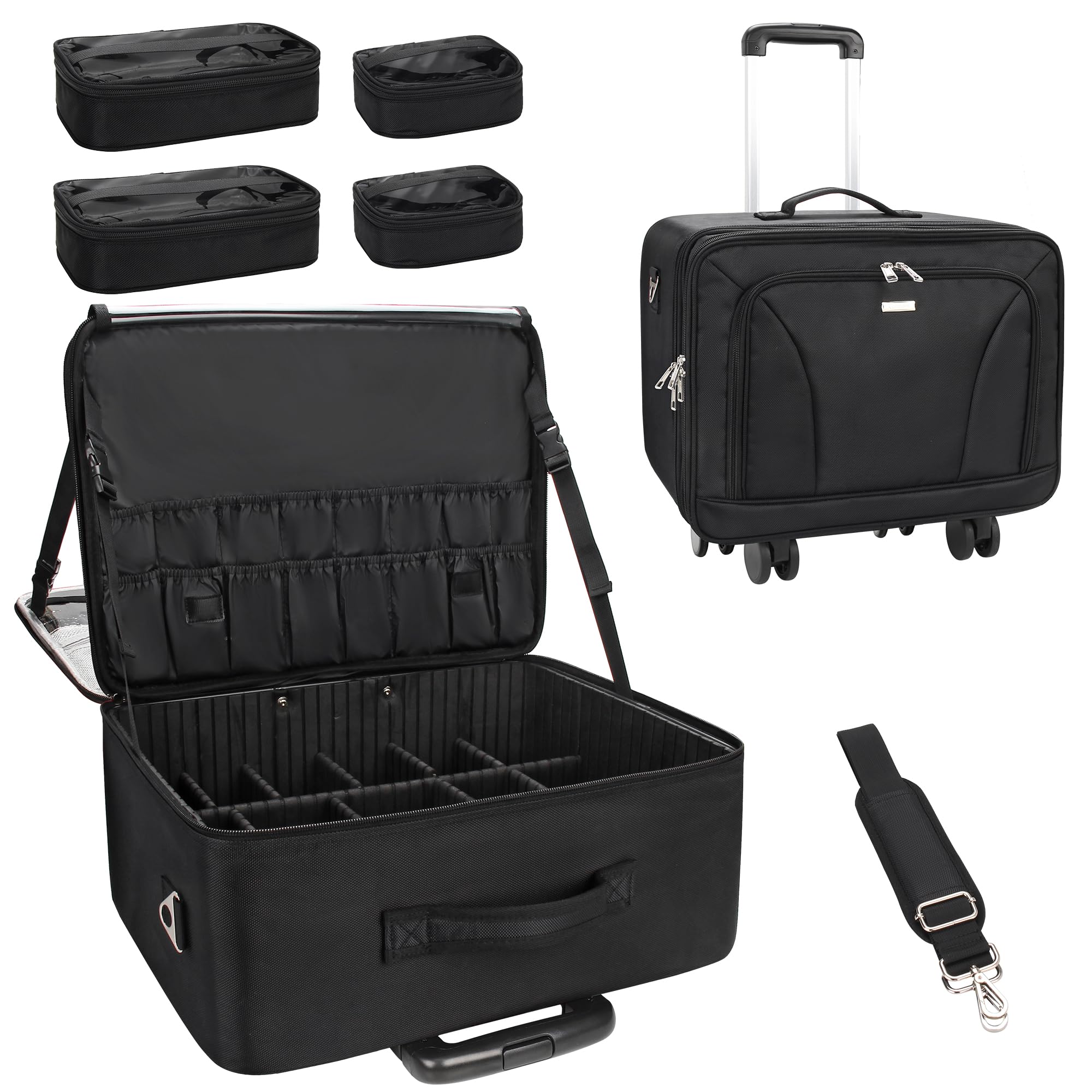 MONSTINA Rolling Makeup Train Case, Cosmetology Case on Wheels Makeup Artist Bag Professional Cosmetics Beauty Hairdresser Bag Hairstylist Cosmetic Bag with 4 Bags Extra Large Makeup Bag with Wheels