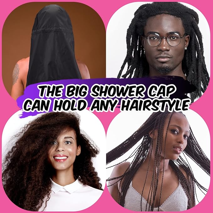 SATINIOR 2 Pcs Braid Shower Cap Jumbo Waterproof Shower Caps for Long Hair, Extra Large Adjustable Foldable Bath Caps with Drying Loop, Plastic Hair Bonnets for Women Men Dreadlocks(Classic)