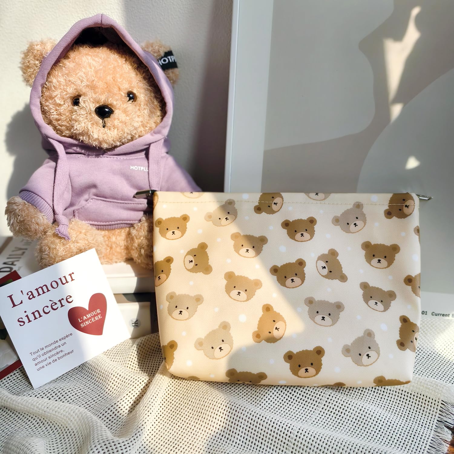 STARDW Cute Makeup Bag Aesthetic Cosmetic Bags for Women Girls, Travel Toiletry Bag Large Capacity Zipper Makeup Pouch, Purse Organizer Pouches,Canvas Lining (Baby Bear)
