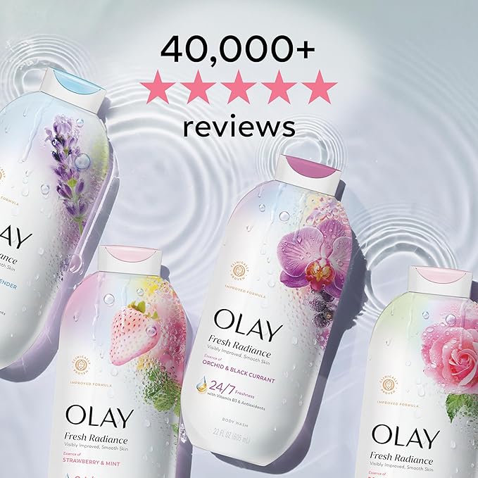 Olay Body Wash for Women, Fresh Radiance, 24/7 Skin-Loving Freshness, Visibly Radiant, Plant Based Cleansers, Vitamin B3 & Antioxidant Blend, For All Skin Types, Peach & Cherry Blossom Scent, 29 fl oz