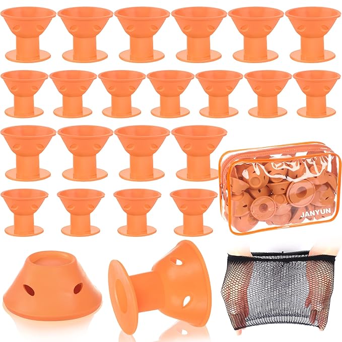 JANYUN 40 Pcs Orange Magic Silicone Hair Rollers Include 20pcs Large Silicone Curlers 20pcs Heatless Small Hair Curlers (Orange)