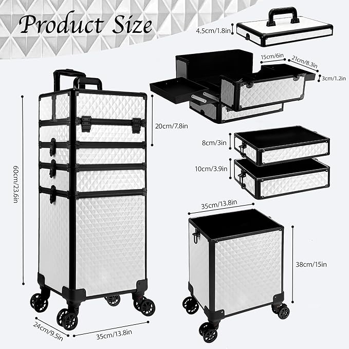 5 in 1 Rolling Makeup Train Case on Wheels Large Cosmetic Organizer Travel Cart for Women Beauty Salon Barber Hairstylist White