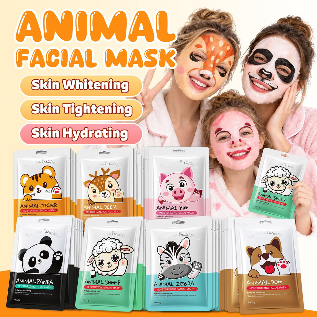 Beenefits 7 Packs Cute Animal Character Design Facial Masks, Deep Hydrating Spa Masks for All Skin Types, Gift for Kids' Birthday Party, Girl's Night, Enjoy Skincare Life