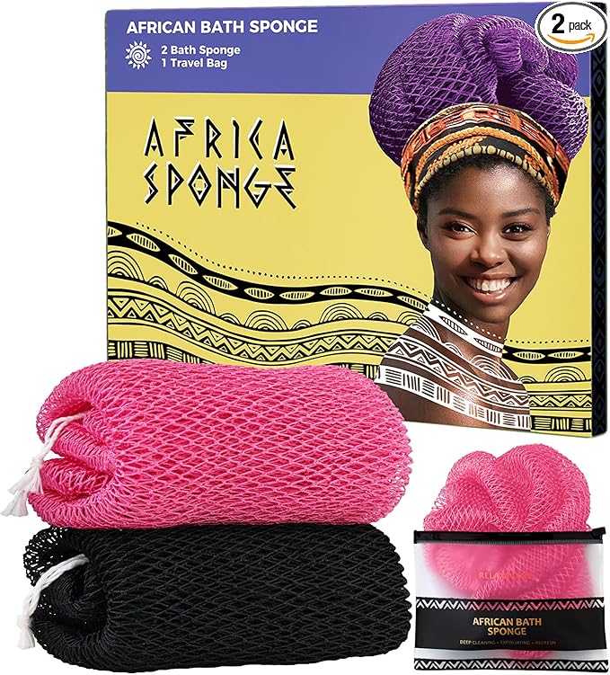 African Net Sponge Authentic - 2 Pieces 52IN Stretched Length Exfoliating Body Scrubber Bath Sponge - Loofah Washcloth Back Scrub for Shower Body Exfoliator