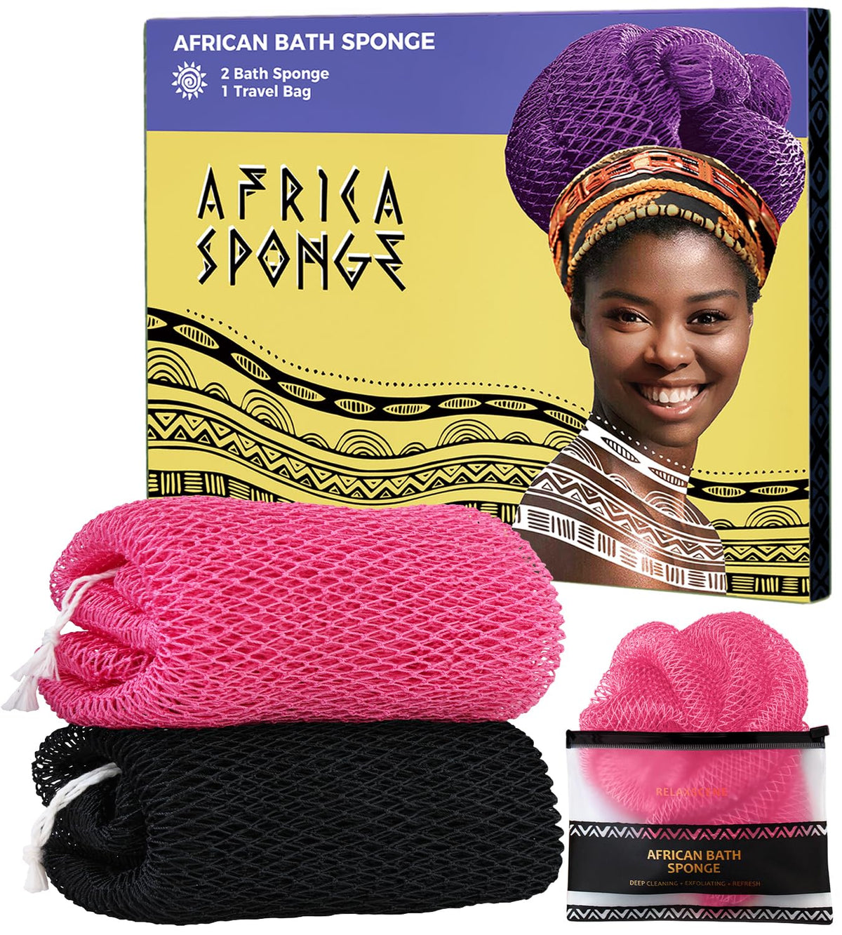 African Net Sponge Authentic - 2 Pieces Exfoliating Body Scrubber Bath Sponge - Back Scrubber Washcloth for Shower - Real African Scrub Exfoliator Body Care Bathing Accessories for Women
