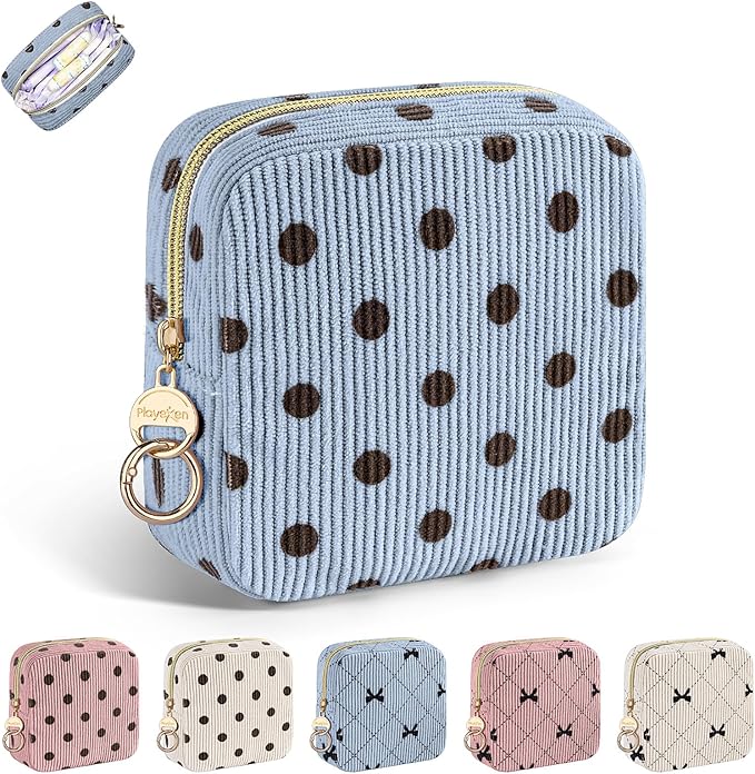 Period Bag for Teen Girls, Corduroy Cute Sanitary Napkin Storage Bag, Menstrual Pad Pouches Tampon Holder for Purse (Blue-Polka Dots)