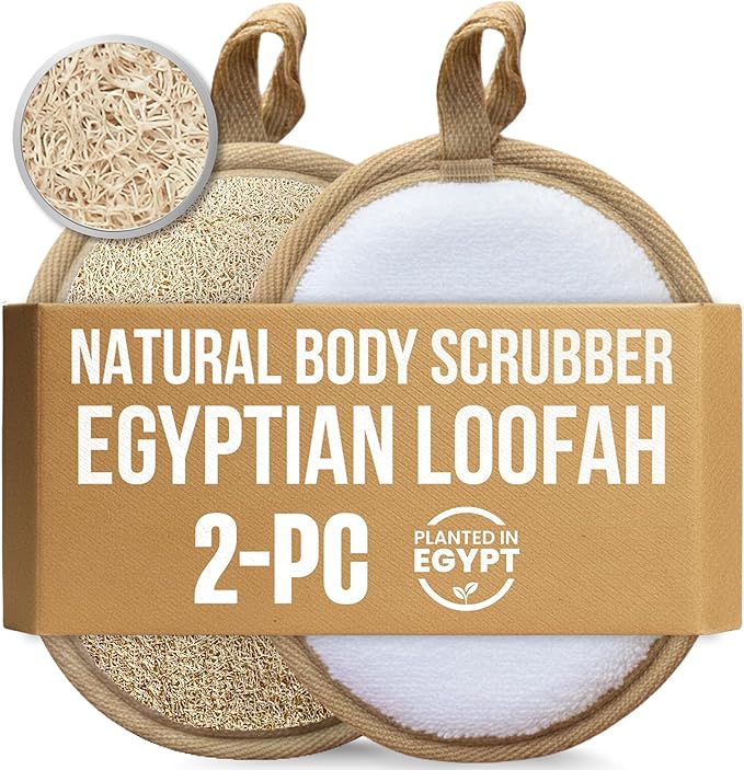 CraftsOfEgypt Egyptian Natural Loofah Body Scrubber Pads, Double Sided Luffa Sponge for Women and Men, Deep Scrubbing Shower Face Back and Body, Loofa Luffah Exfoliation Pads – 6.9x4.7 Inches, 2 Pack
