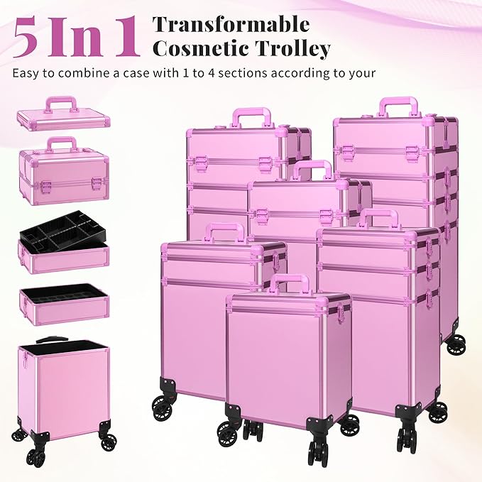 JINGUAN Professional Rolling Makeup Train Case with Lid, 5 in 1 Cosmetology Case on Wheels, Large Cosmetic Trolley Organizer Travel for Hairstylist Artist Nail Beauty Salon Barber, Pink