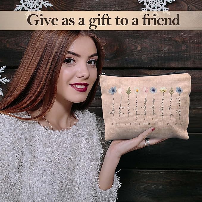 Likjad Christian Gifts Makeup Bag, Floral Christian Cosmetic Bags for Women, Galatians 5:22-23 Bible Verse Makeup Pouch, Faith Based Gifts Zipper Pouch(light pink)