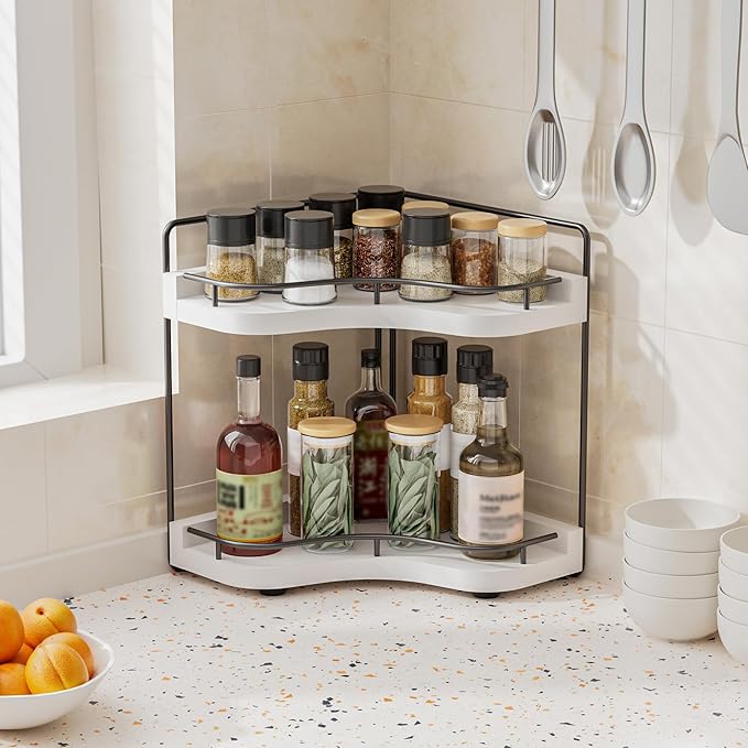 Aollewoiti 2-Tier Corner Bathroom Counter Organizer with Embedded Screw Holes, Secure & Stable Wood Vanity Shelf for Makeup and Skincare Essentials - Space Saving Bathroom Countertop Storage, White
