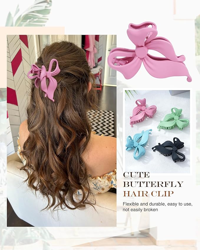 4 PCS Bow Hair Clips Bow Claw Clip for Women, Large Hair Claw Clips for Thin Thick Long Hair Cute Nonslip Bows (Blue+Pink+Green+Blue+Black)