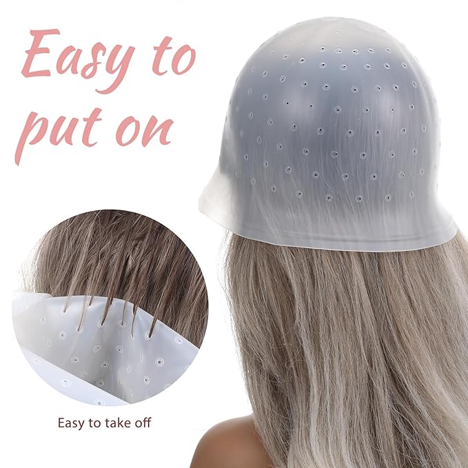 LIQWEI Punched Silicone Highlight Hair Cap with Needle, Professional Reusable Highlighting Poked Hole Caps with Hooks for Color Hair Salon Hairdressing Dyeing Staining Tools for Women Men