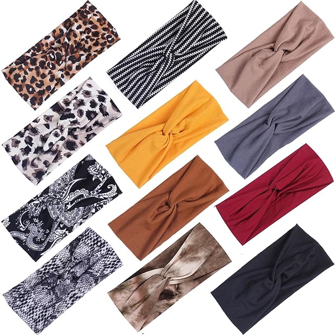 XTREND 12 Pcs Women's Headbands Twisted Cross Elastic Head bands Yoga Workout Non-Slip Sweat Soft Headband Solid Color Simple Versatile Hair Accessory Scarf