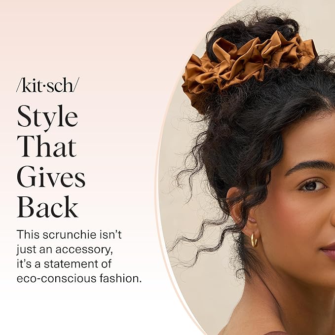 Kitsch Recycled Satin Ruffle Scrunchie – Gentle Hair Scrunchie for Women, Eco-Friendly Hair Tie No Damage, Stylish Ponytail Holder - Camel