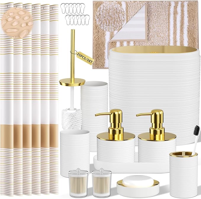InnJoey Bathroom Set - Bathroom Sets with Shower Curtain and Rugs, 25PC Bathroom Accessory Set, White Bathroom Accessories Set with Trash Can, Soap Dispensers