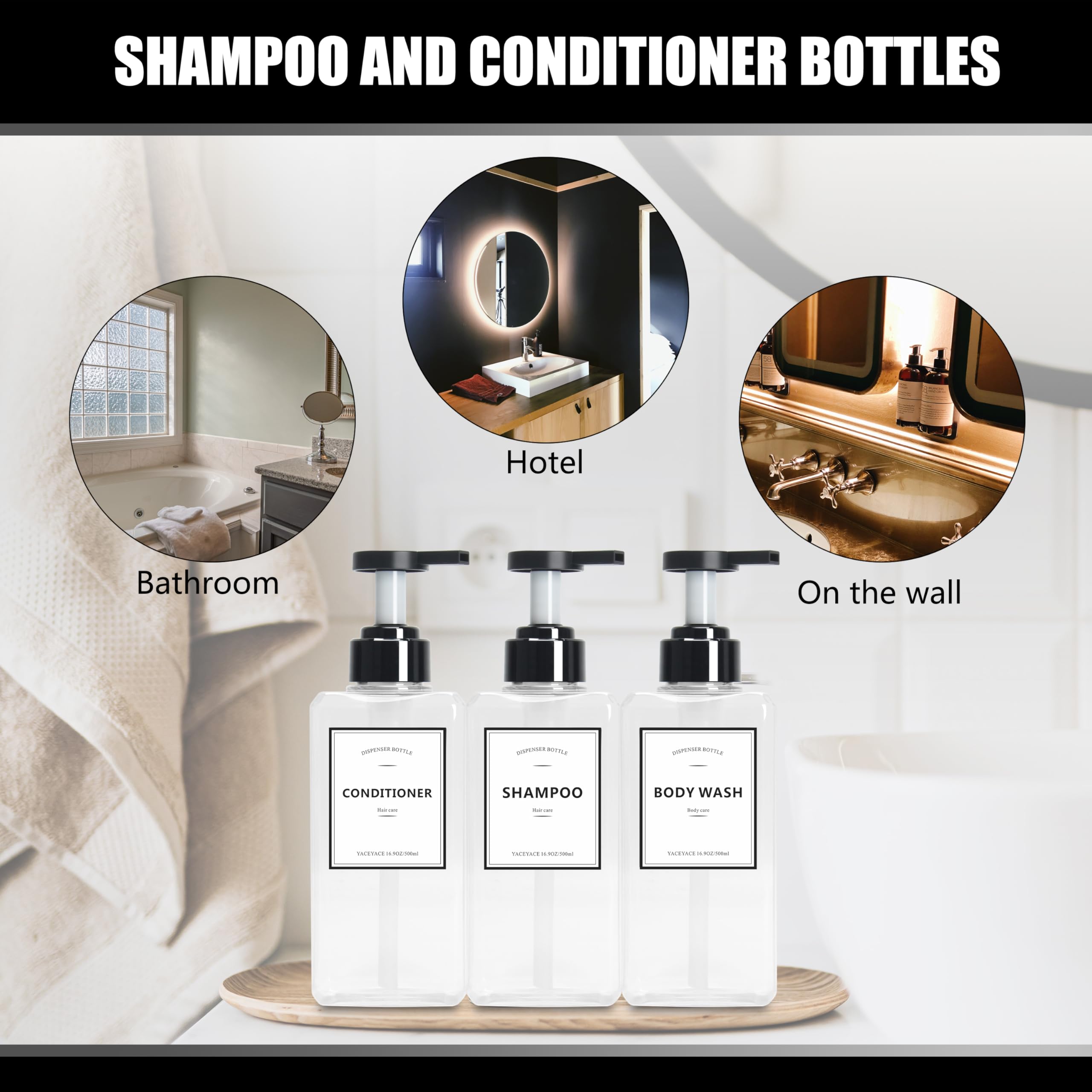 Soap Dispenser Set, YACAYACE 16.9oz Clear Shampoo and Conditioner
