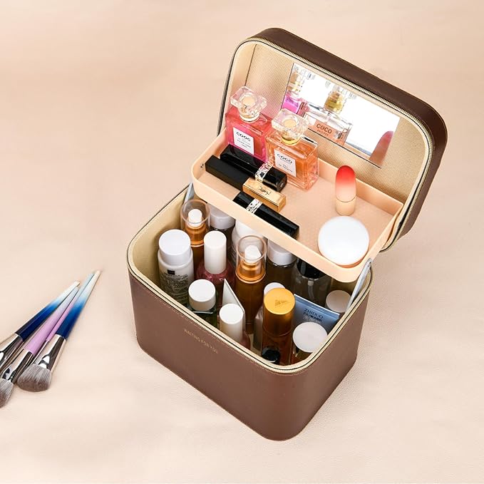 Sluxa Luxury brown makeup box, Portable leather hard cosmetic case with mirror, Sturdy train case make up box for women adults. (Double-layer-Brown)