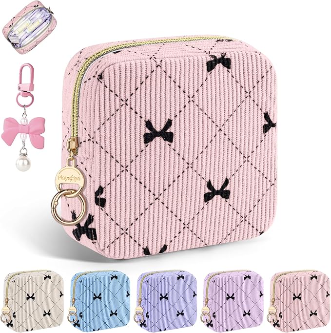 Period Bag for Teen Girls, Corduroy Cute Sanitary Napkin Storage Bag, Menstrual Pad Pouches Tampon Holder for Purse (Light Pink-Bow Tie)