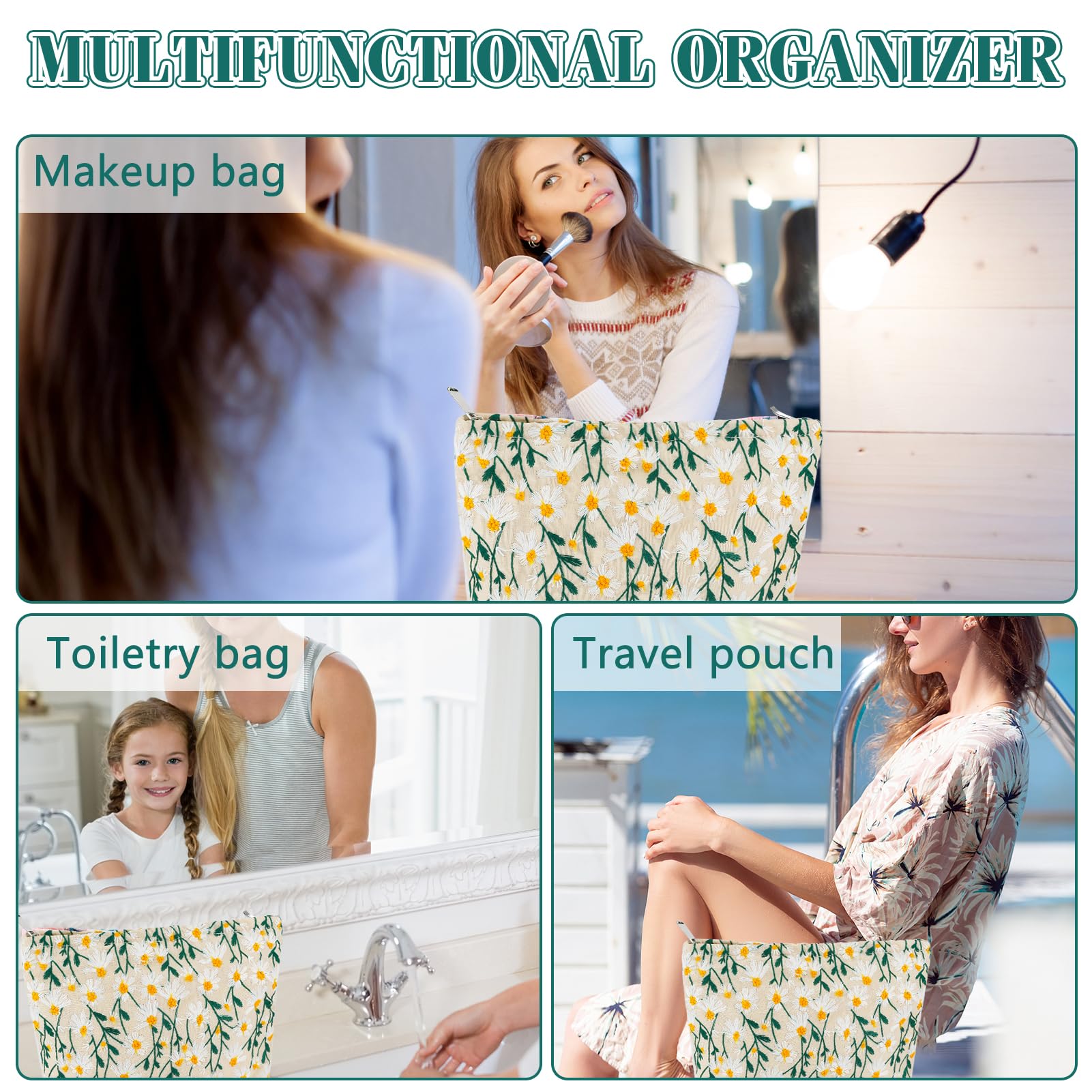 ZLFSRQ Daisy Flower Makeup Bag Travel Cute Floral Cosmetic Bag for Women Girls Small Embroidery Makeup Zipper Portable Storage Toiletry Pouch for Purse Aesthetic Christmas Essential Cosmetic Organizer