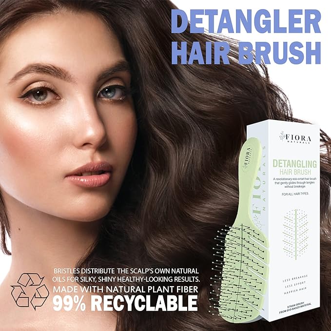 Detangler Brush by Fiora Naturals - 100% Bio-Friendly Detangling brush w/Ultra-Soft Bristles - Glide Through Tangles with Ease - For Curly, Fine, Black Natural, Women, Men, Kids - Dry and Wet Hair