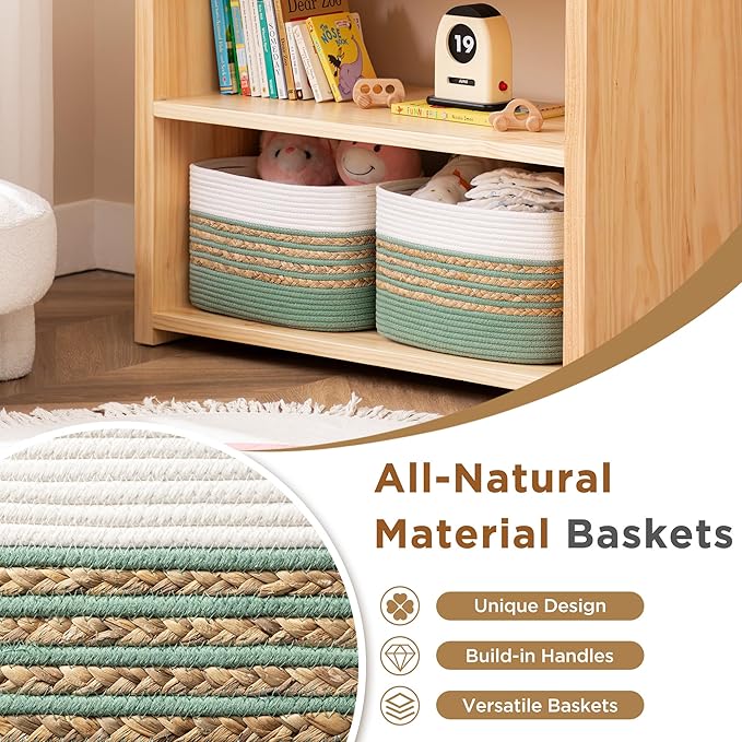 UBBCARE 3 Pack Baskets for Organizing, Woven Storage Baskets for Toys and Towel, Rectangle Cotton Rope Basket with Handles, 14''L x 8''W x9''H, Green