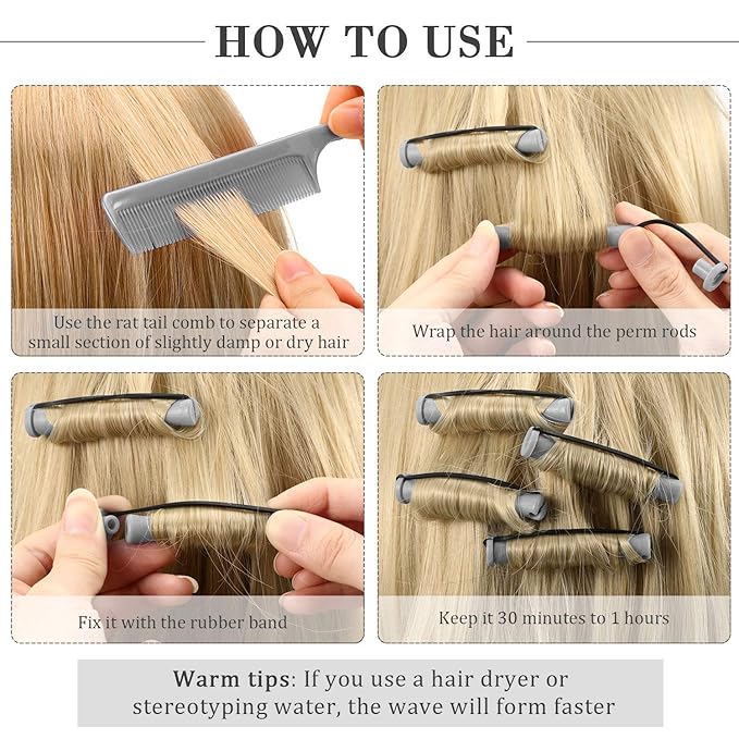 48 Pieces Hair Perm Rods Short Cold Wave Rods Plastic Perming Irons Hair Curling Rollers Curlers with Steel Pintail Comb Rat Tail Comb for Hairdressing Styling Supplies(0.59 Inch,Gray)