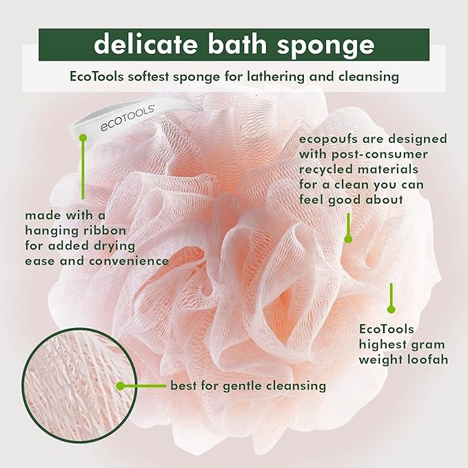 EcoTools EcoPouf 3 Pack Bath Sponge Set, Soft Recycled Netting Shower Poufs for Gentle Exfoliating & Daily Body Cleansing, Rich Lather Loofah Sponges, Vegan & Cruelty-Free