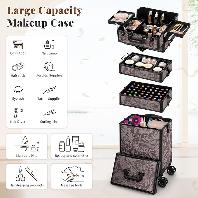 JINGUAN Professional Rolling Makeup Train Case with Lid, 5 in 1 Cosmetology Case on Wheels, Large Cosmetic Trolley Organizer Travel for Hairstylist Artist Nail Beauty Salon Barber, Brown Ink