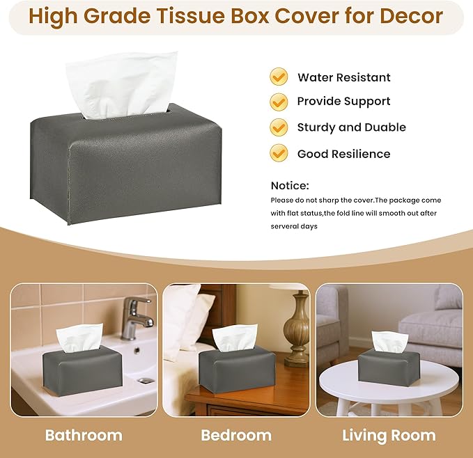 Long Tissue Box Cover, PU Leather Tissue Holder Rectangle, Facial Paper Organizer, Modern Dispenser for Bathroom, Kitchen, Home, Office, Tabletop (1, Grey, Tall)