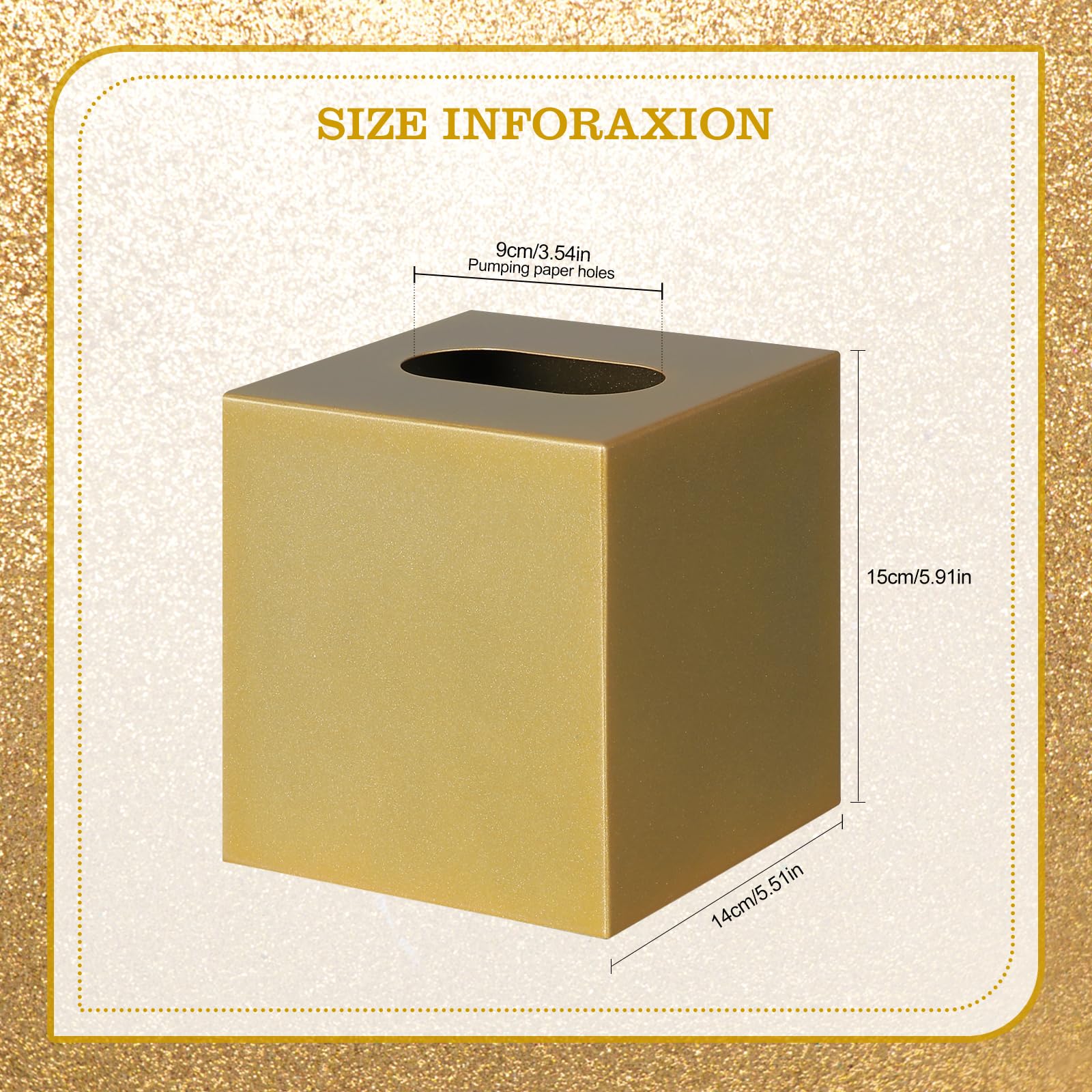 HOUSE DIARY Metal Square Tissue Box lid, Modern Facial Tissue Holder for Bathroom Vanity Tops, Bedroom Dressers, Nightstands, Desks, Offices (Gold)