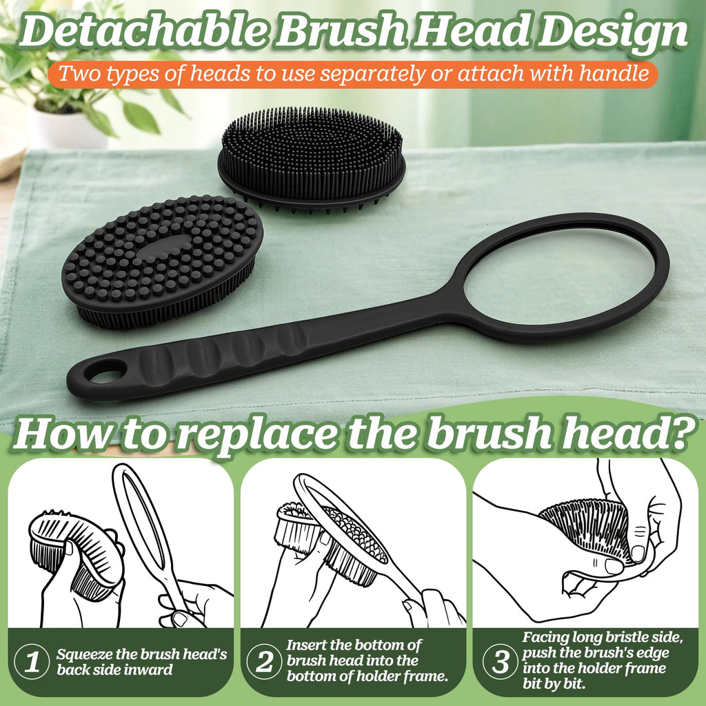 GEENOA Silicone Back Washer for Shower, Gentle Exfoliating Body & Back Scrubber with Handle, Silicone Loofah with Two Dual-Side & Replaceable Brush Heads(Green-Two Heads)