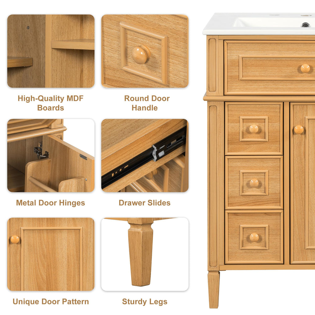 Harper & Bright Designs 24" Bathroom Vanity with Sink, Free Standing Single Basin Vanity Set with Tip-Out Drawer, 2 Drawers, and 2 Doors, Wood Bathroom Cabinet with Ceramic Basin for Bathroom, Wood