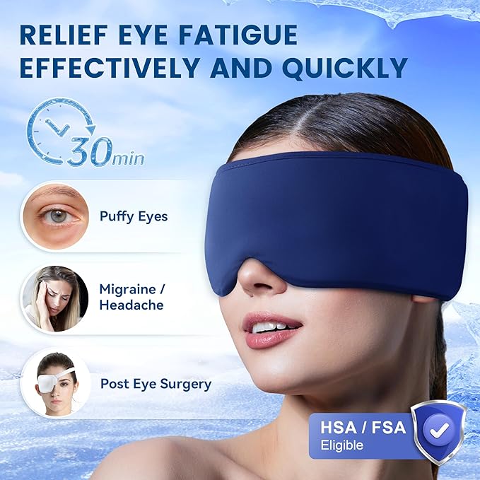Cooling Gel Eye Mask for Puffy Eyes, Migraine & Headache Relief, Full Eye-Area Cold Compress for Eyes & Temples, FSA Eligible HSA Reusable Eye Ice Pack for Swelling & Post-Surgery Recovery