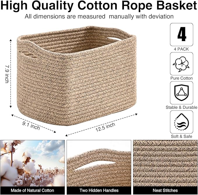 ICERZCZ Small Storage Baskets for Shelves Organizing, Woven Cotton Rope Baskets for Storage, Book Basket, Decorative Shelf Basket, 12.5"Lx9.1''Wx7.9''H (4 Packs) Mixed Brown