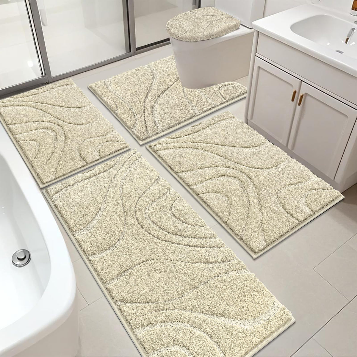 HEBE Bathroom Rugs Sets 5 Piece, Non Slip Washable Absorbent Bath Mat Set