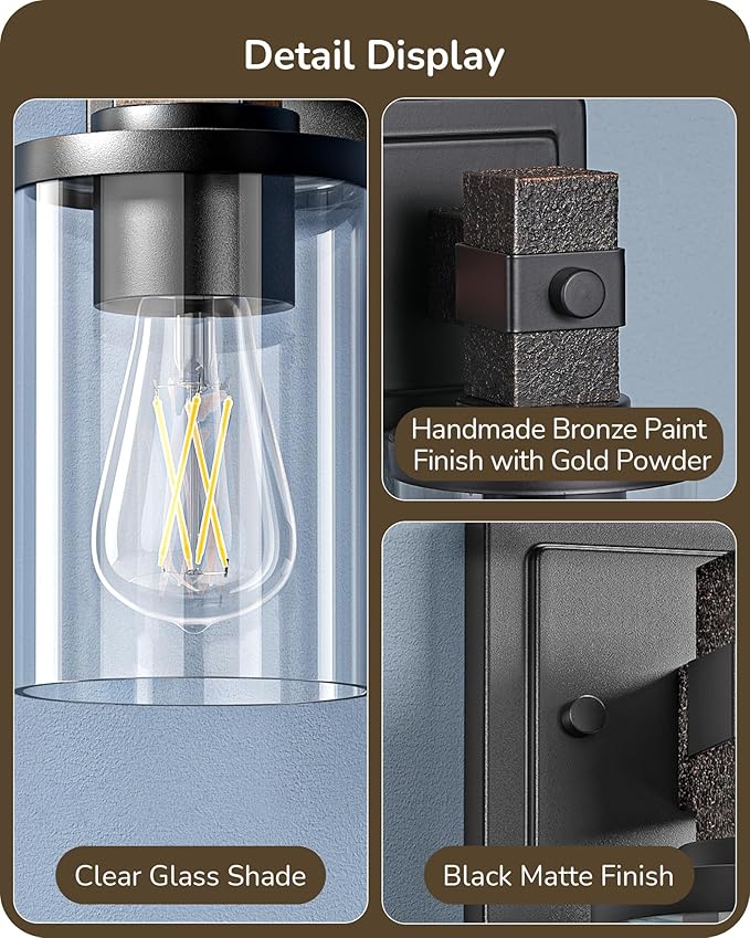 EDISHINE Vintage Bronze 1-Light Wall Sconces Set of 2, Glass Vanity Light