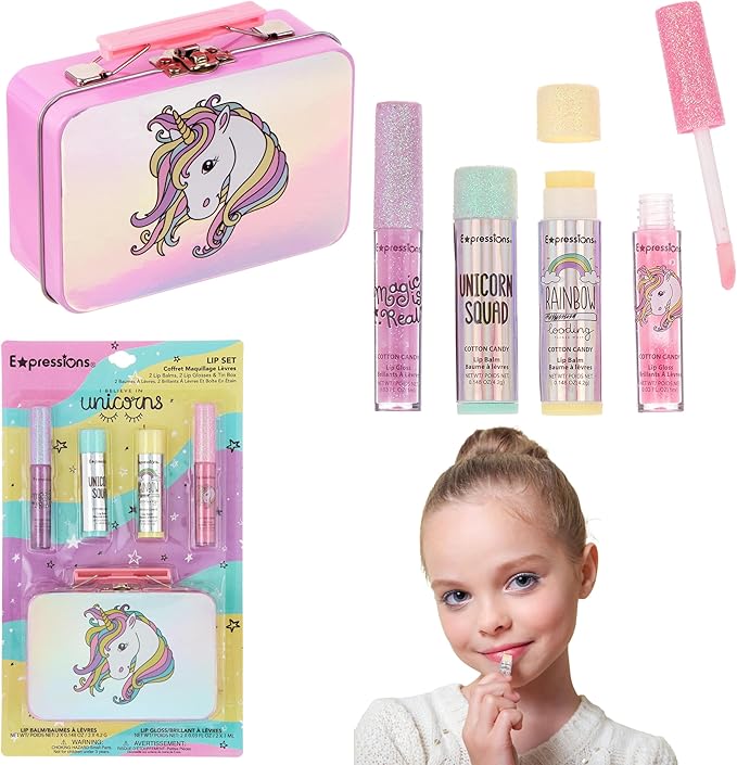 5pc Unicorn Holographic Lip Kit for Kids -Lip Glosses & Balms with Tin–Cute