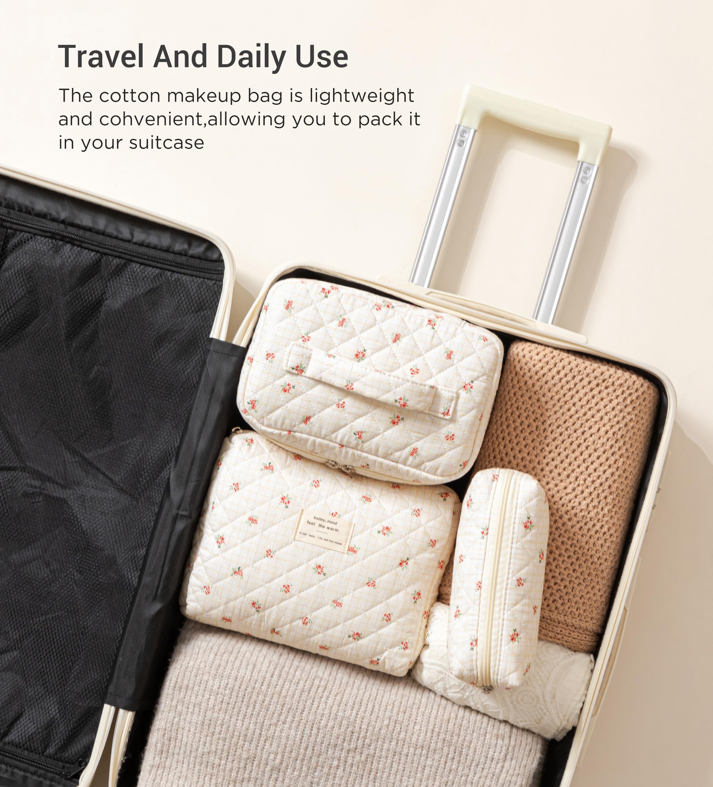 HBselect Quilted Makeup Bag, 3Pcs Cotton Large Travel Makeup Bags Organizer